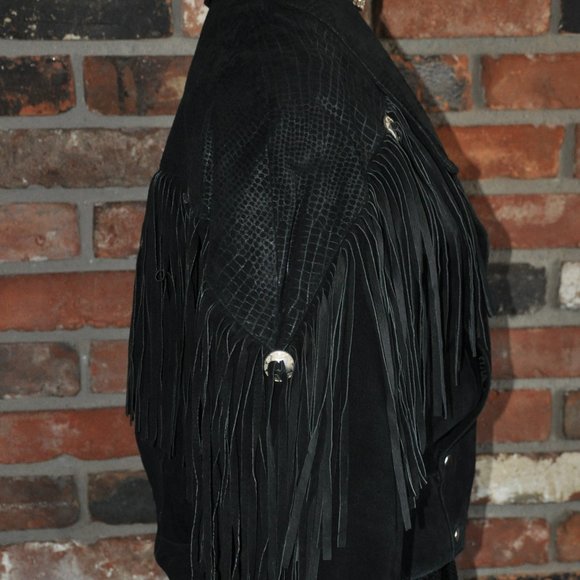 Vintage 80s Black Western Suede Leather With Fringe Jacket M - Picture 4 of 11